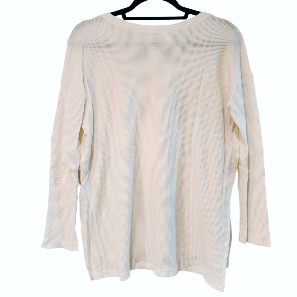Women's Waffle Knit Long Sleeve V-Neck Loose Fit Shirt - Cream/White - Picture 3 of 7